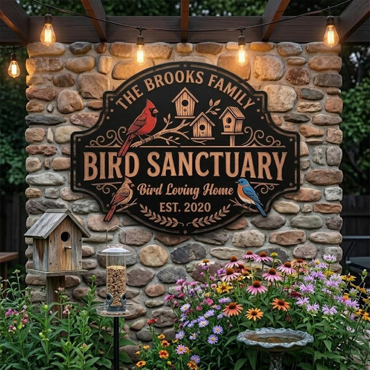 Personalized Bird Sanctuary Metal Sign – Custom Family Name And Est Year Plaque, Gift For Bird Lover Or Backyard Birding