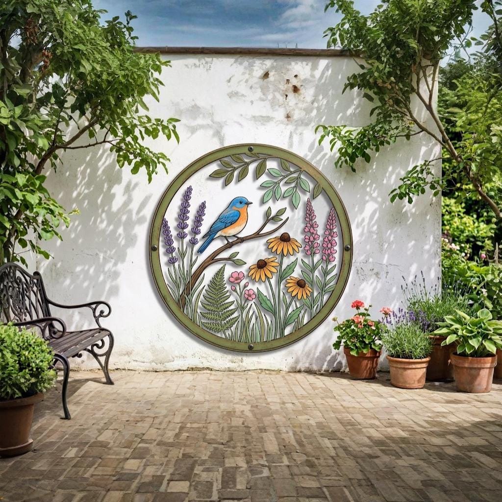 Bluebird Floral Metal Wall Art – Round Garden Sign, Gift For Bird Lover