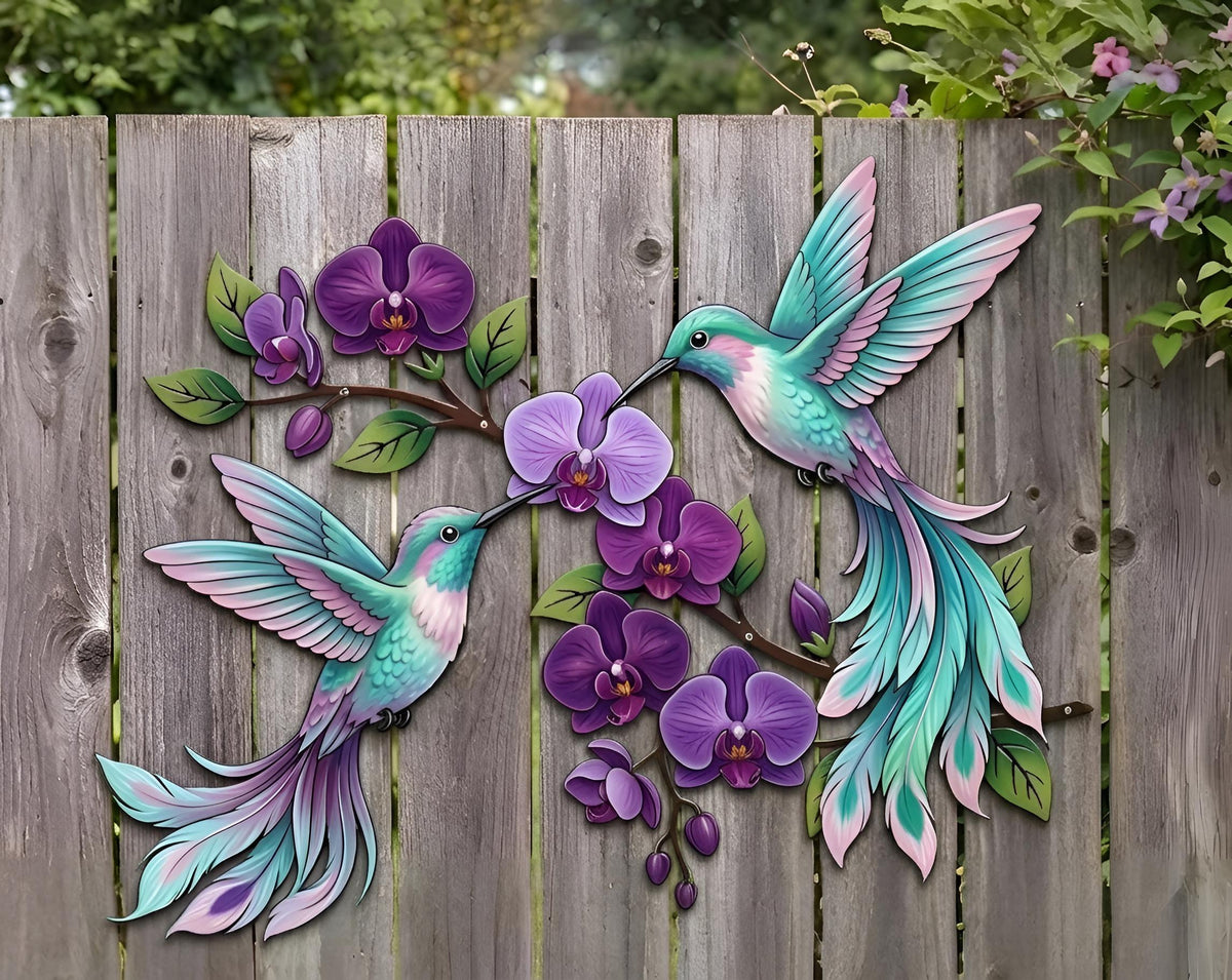 Hummingbird Orchid Metal Wall Art – Long-tail Purple Floral Fence Decor, Gift For Bird Lover Or Garden