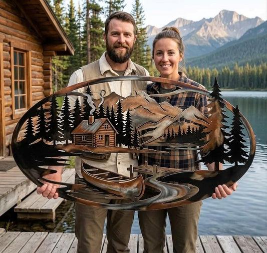 Rustic Cabin Metal Wall Art – Mountain Lake Canoe Lodge Decor, Housewarming Gift For Cabin Owner