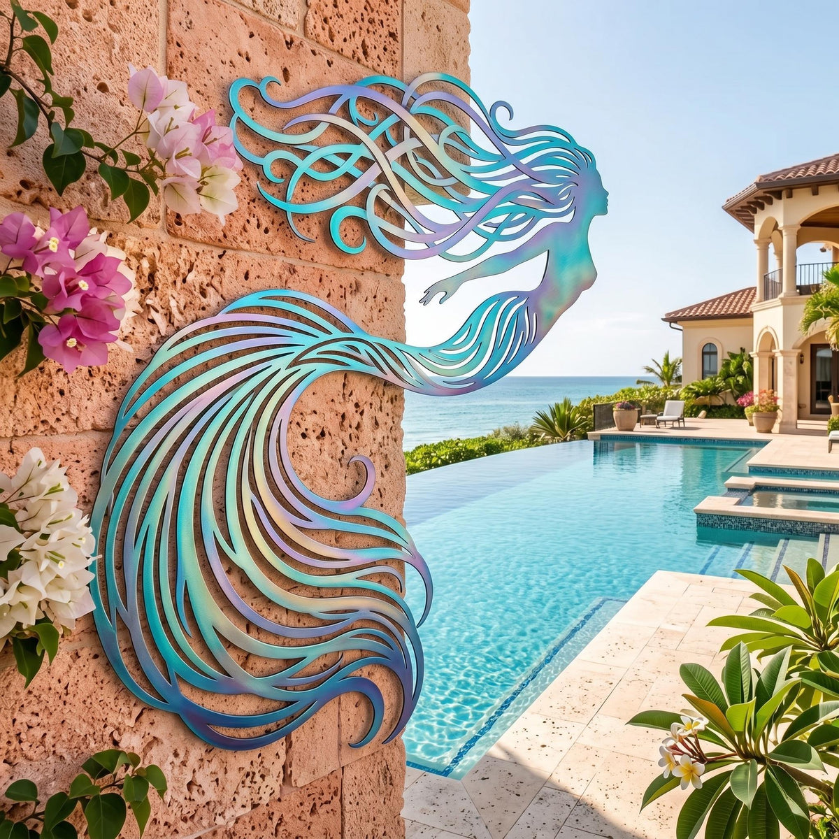 Mermaid Metal Wall Art – Iridescent Flowing Tail Coastal Pool Decor, Gift For Mermaid Lover