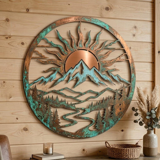 Mountain Sun Round Metal Wall Art – Rustic Patina Forest River Scene, Gift For Cabin Or Nature Lover