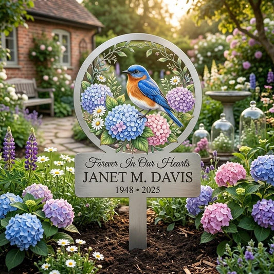 Personalized Bluebird Memorial Garden Stake – Custom Name & Date Hydrangea Sign, Sympathy Gift For Loss Of Loved One