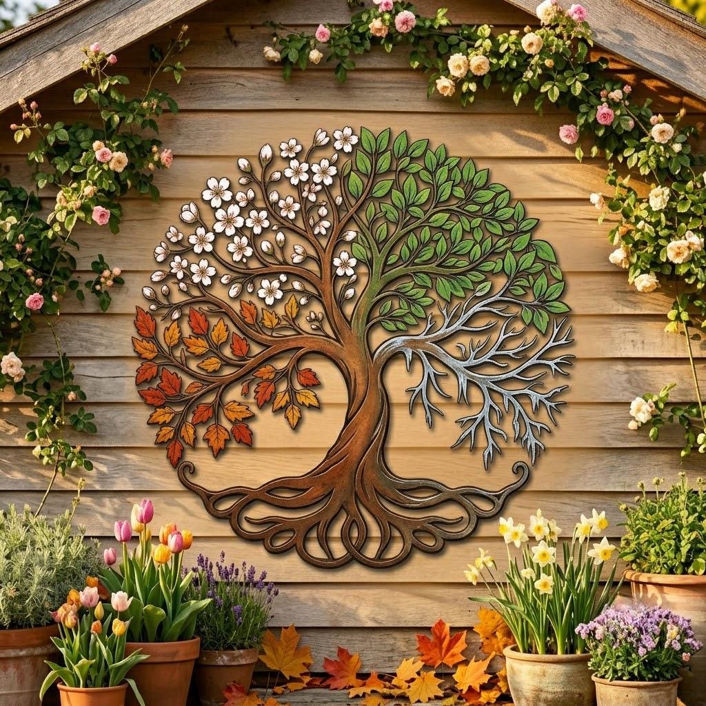 Four Seasons Tree Of Life Metal Wall Art – Colorful Nature Garden Sign, Housewarming Gift
