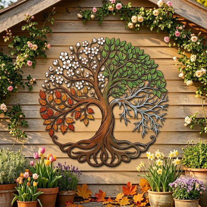 Four Seasons Tree Of Life Metal Wall Art – Colorful Nature Garden Sign, Housewarming Gift