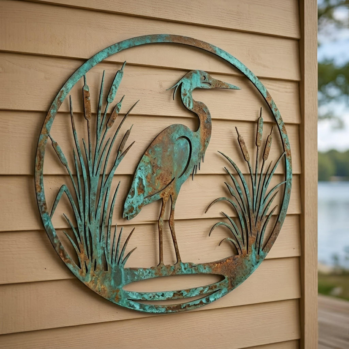 Blue Heron Metal Wall Art – Verdigris Coastal Bird Sign, Gift For Bird Lovers