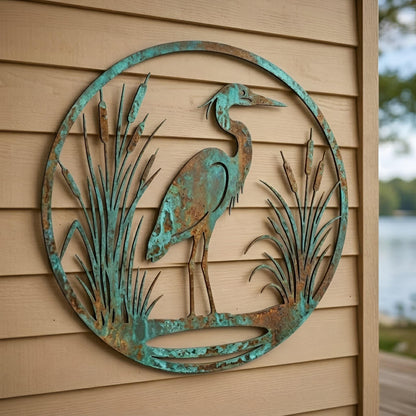 Blue Heron Metal Wall Art – Verdigris Coastal Bird Sign, Gift For Bird Lovers