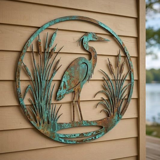 Blue Heron Metal Wall Art – Verdigris Coastal Bird Sign, Gift For Bird Lovers