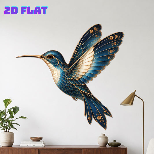 Hummingbird Metal Wall Art – Navy And Gold Flying Bird Decor, Gift For Bird Lover Or Living Room Wall