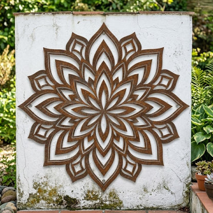 Rusted Mandala Metal Wall Art – Large Geometric Lotus Flower Decor, Gift For Garden Patio Or Boho Home