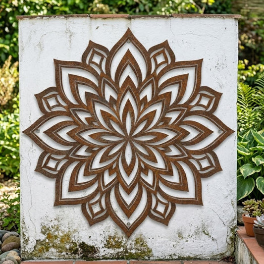 Rusted Mandala Metal Wall Art – Large Geometric Lotus Flower Decor, Gift For Garden Patio Or Boho Home
