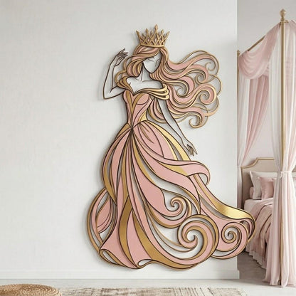 Princess Metal Wall Art – Pink And Gold Fairytale Gown Decor, Gift For Girls Bedroom Or Nursery Wall