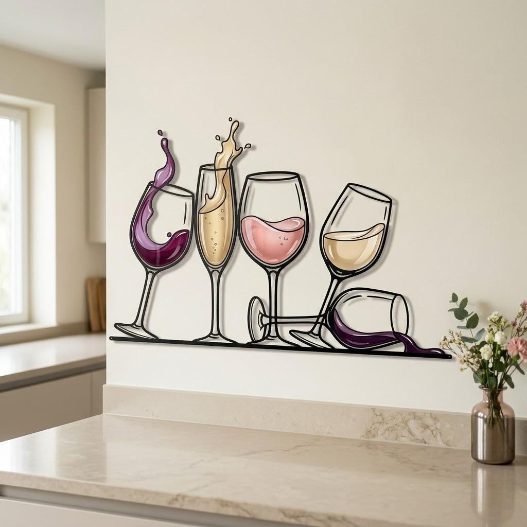 Wine Glass Metal Wall Art Set – Modern Kitchen Bar Decor, Gift For Wine Lover