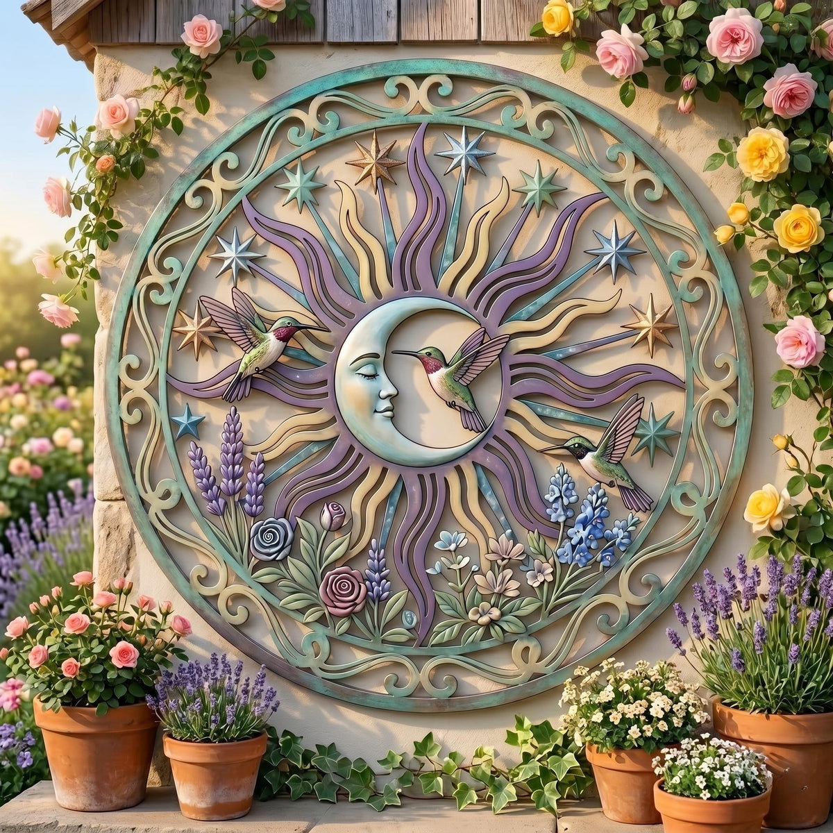 Sun Moon And Hummingbird Round Metal Wall Art – Pastel Floral Garden Sculpture, Gift For Bird Lover Or Patio