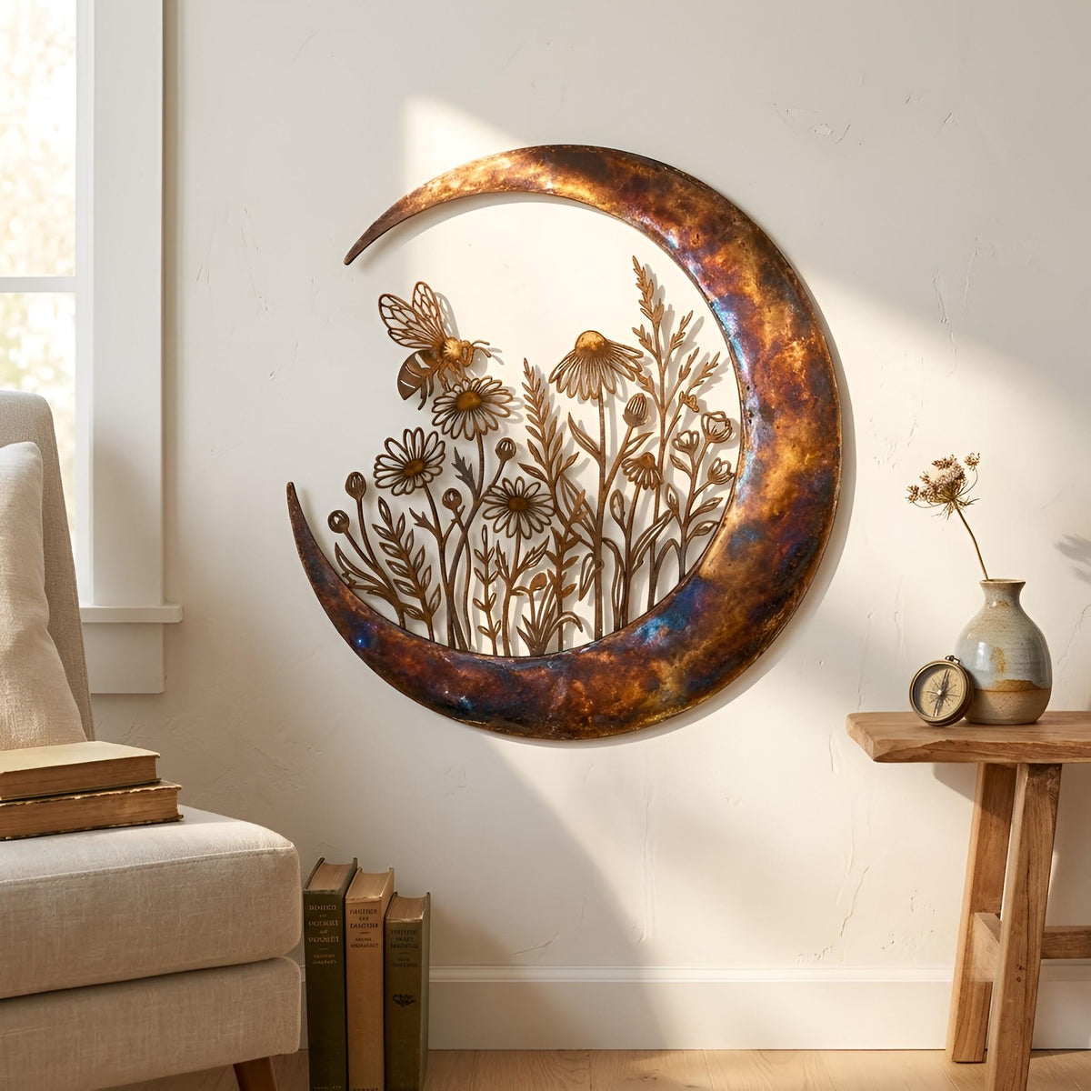 Crescent Moon Metal Wall Art – Bee & Wildflower Rustic Decor, Boho Nature Gift