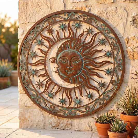 Sun And Moon Round Metal Wall Art – Rustic Celestial Star Sign, Gift For Boho Home Decor Lover