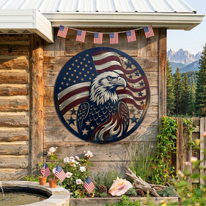 Patriotic Eagle Metal Wall Art – American Flag Round Sign, Fourth Of July Gift For Veterans