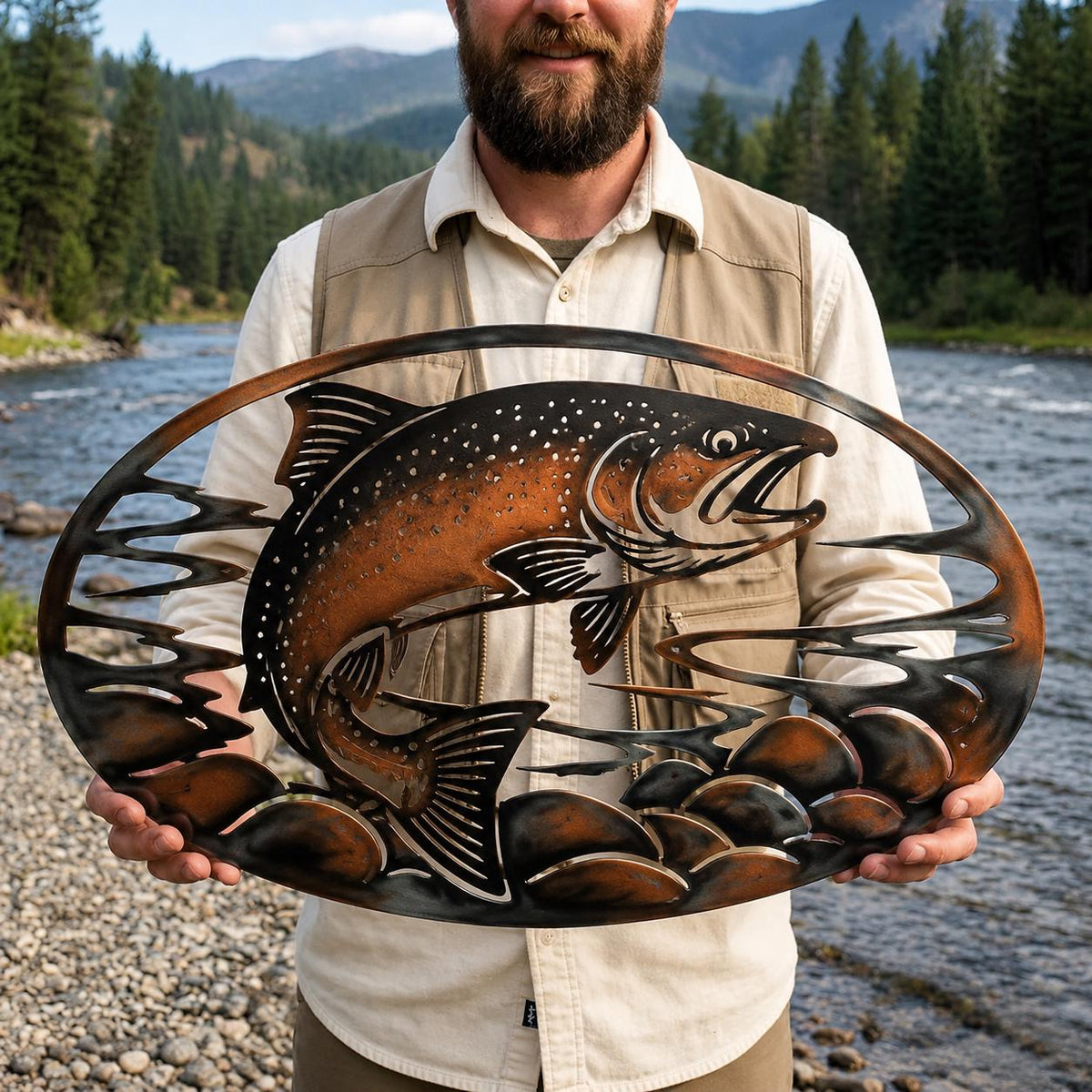 Jumping Trout Metal Wall Art – Rustic River Cabin Decor, Gift For Fisherman