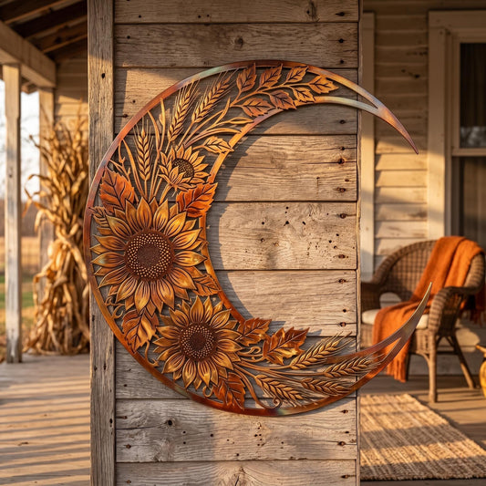 Sunflower Crescent Moon Metal Wall Art – Autumn Harvest Wheat Decor, Gift For Farmhouse Or Fall Home