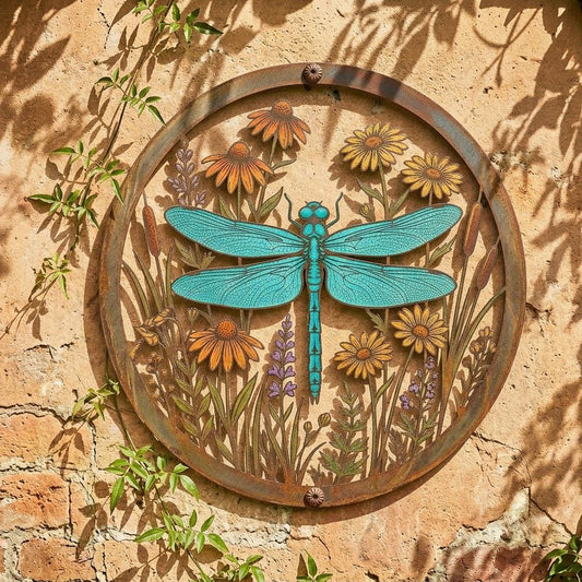 Round Dragonfly Wildflower Metal Wall Art – Rustic Patio Garden Decor, Gift For Nature Lover