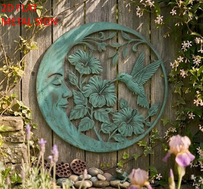 Moon And Hummingbird Metal Wall Art, Hibiscus Flower Decor – Verdigris Garden Sign, Gift For Bird Lover