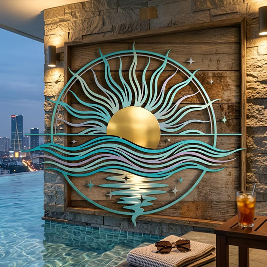 Coastal Sunset Wave Metal Wall Art – Ocean Sun Circle Decor, Gift For Beach House Or Poolside Patio