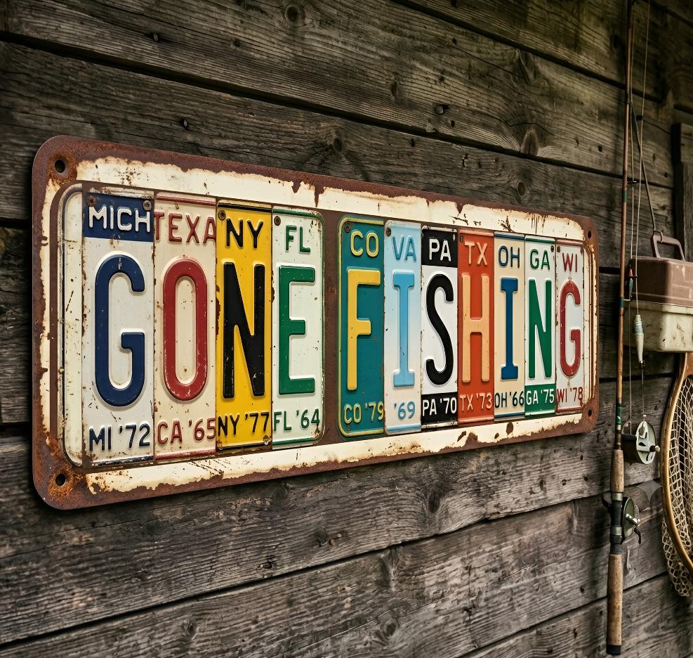 Gone Fishing License Plate Metal Sign – Rustic Fishing Wall Decor, Gift For Fisherman Or Cabin Lake House