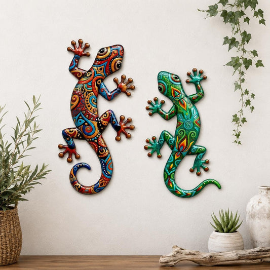 Colorful Mosaic Gecko Metal Wall Art – Tropical Lizard Patio Decor, Housewarming Gift For Nature Lovers