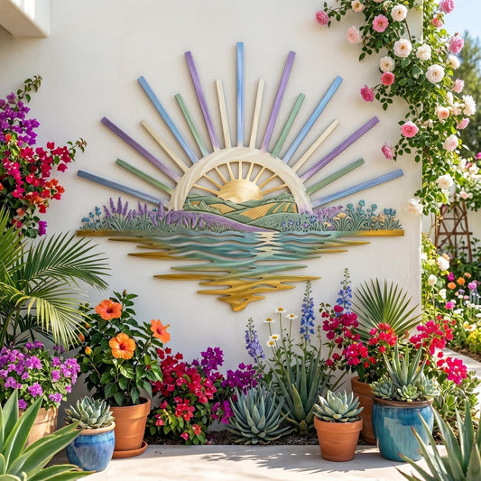 Sunset Lake Landscape Metal Wall Art – Large Sunburst Outdoor Patio Decor, Gift For Nature Lovers