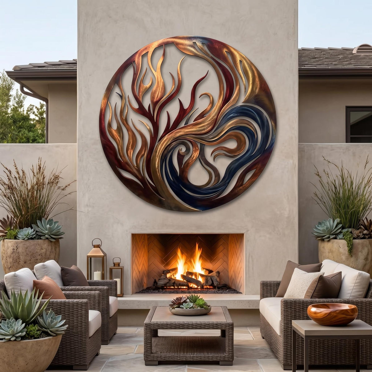 Fire & Water Swirl Round Metal Wall Art – Large Abstract Modern Patio Decor