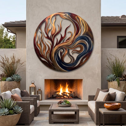 Fire & Water Swirl Round Metal Wall Art – Large Abstract Modern Patio Decor