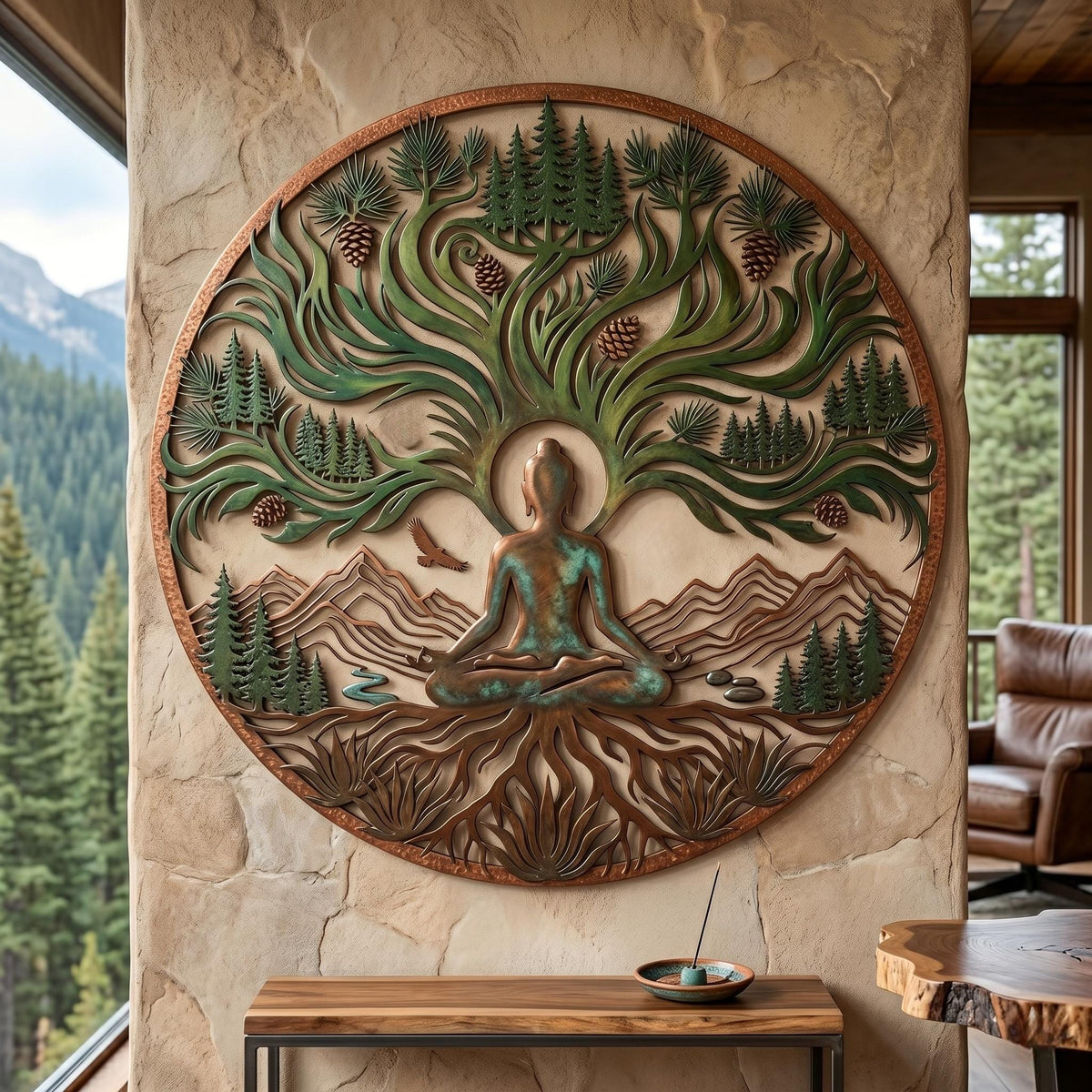 Buddha Tree Of Life Metal Wall Art – Zen Meditation Mountain Forest Decor, Gift For Yoga Lover