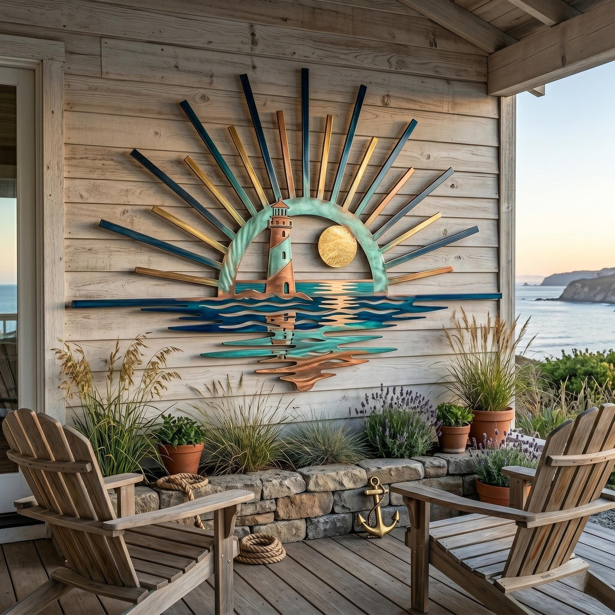 Lighthouse Sunburst Metal Wall Art – Coastal Ocean Sunset Decor, Gift For Beach House Owner
