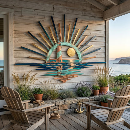 Lighthouse Sunburst Metal Wall Art – Coastal Ocean Sunset Decor, Gift For Beach House Owner