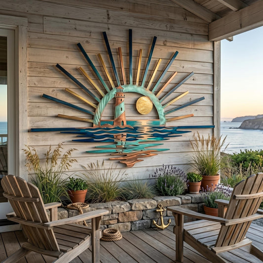 Lighthouse Sunburst Metal Wall Art – Coastal Ocean Sunset Decor, Gift For Beach House Owner