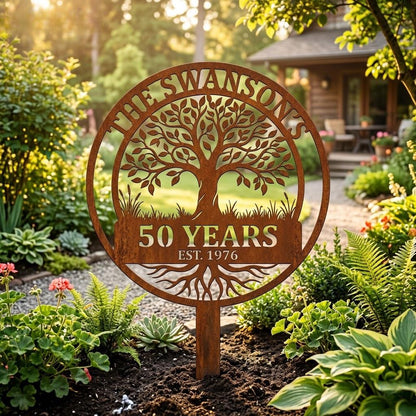 Personalized 50th Anniversary Tree Of Life Sign – Custom Family Name Garden Stake, Gift For Golden Anniversary