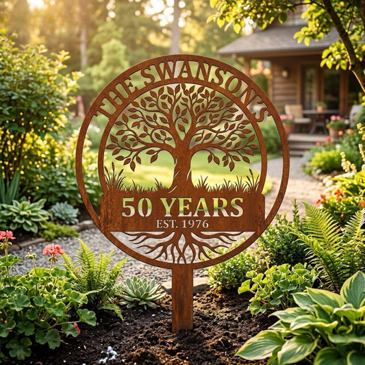 Personalized 50th Anniversary Tree Of Life Sign – Custom Family Name Garden Stake, Gift For Golden Anniversary