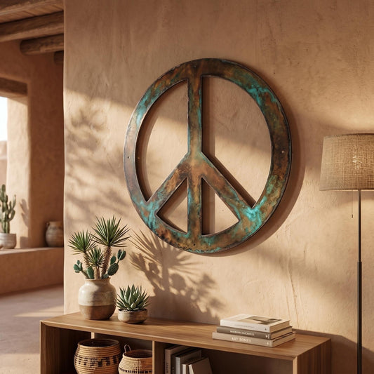 Large Peace Sign Metal Wall Art – Verdigris Patina Boho Decor, Gift For Desert Home Or Living Room