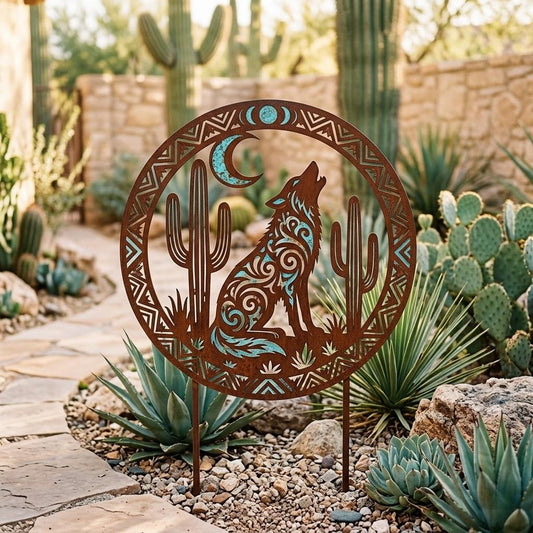 Howling Wolf Garden Stake – Southwest Desert Metal Yard Art, Gift For Nature Lovers