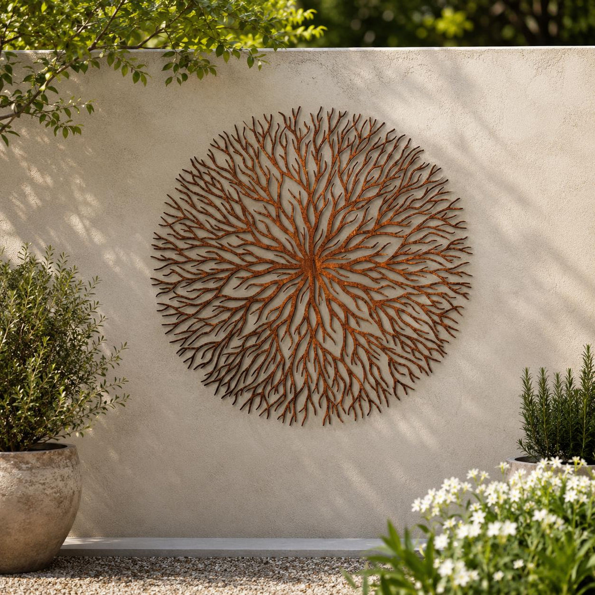 Rust Patina Radial Branch Metal Wall Art – Abstract Tree Sculpture, Housewarming Gift For Patio Or Garden