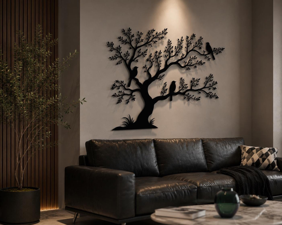 Large Metal Tree Of Life Wall Art, Silhouette Tree Wall Decor With Birds, Metal Tree Branch Wall Hanging, Modern Living Room Over Sofa Decor
