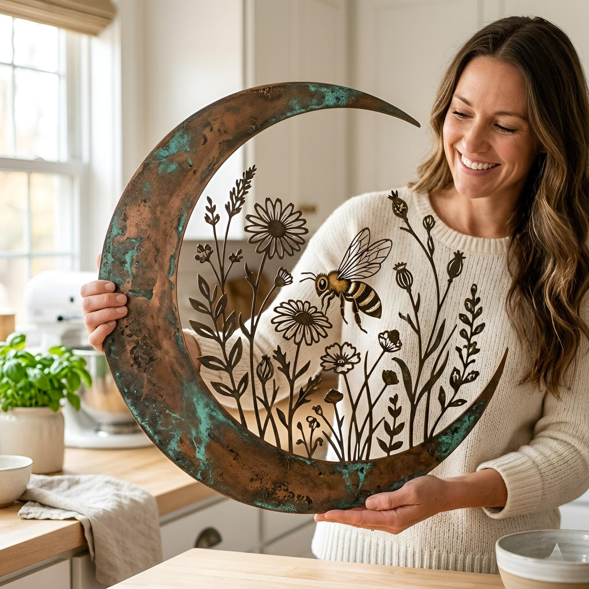 Crescent Moon Wildflower Metal Wall Art – Honey Bee Nature Sign, Gift For Bee Lover