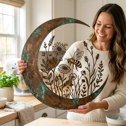 Crescent Moon Wildflower Metal Wall Art – Honey Bee Nature Sign, Gift For Bee Lover