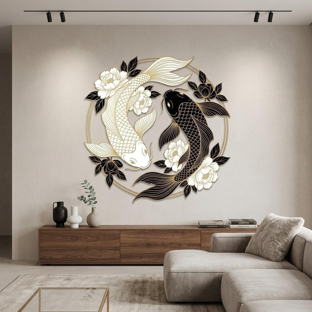 Yin Yang Koi Fish Metal Wall Art – Gold And Black Feng Shui Floral Decor, Gift For Zen Living Room Or Housewarming