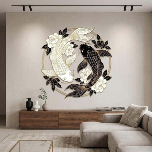 Yin Yang Koi Fish Metal Wall Art – Gold And Black Feng Shui Floral Decor, Gift For Zen Living Room Or Housewarming