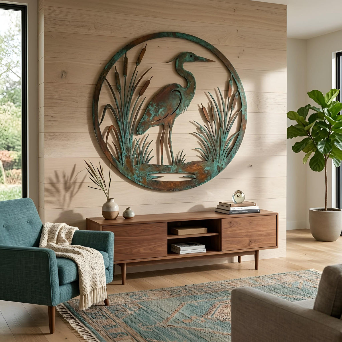 Blue Heron Metal Wall Art – Rustic Patina Cattails Round Sign, Gift For Lake House Lover