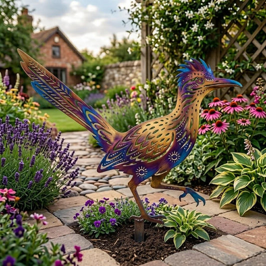 Iridescent Roadrunner Metal Garden Stake – Colorful Southwest Bird Yard Art