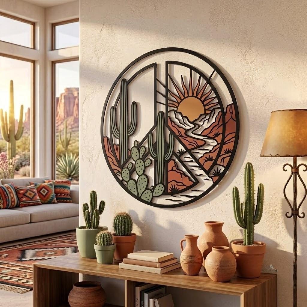 Southwest Desert Metal Wall Art – Round Cactus Canyon Sunset Decor, Gift For Southwestern Home