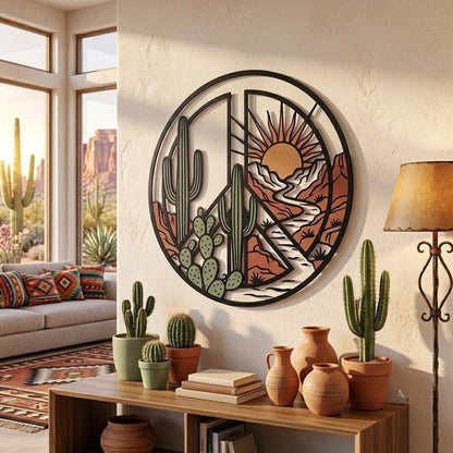 Southwest Desert Metal Wall Art – Round Cactus Canyon Sunset Decor, Gift For Southwestern Home