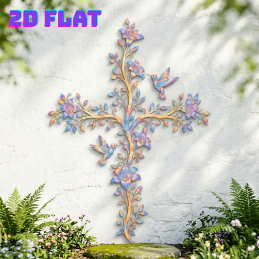 Floral Cross Metal Wall Art – Rainbow Hummingbird Vine Decor, Faith Gift For Christian Or Memorial Home